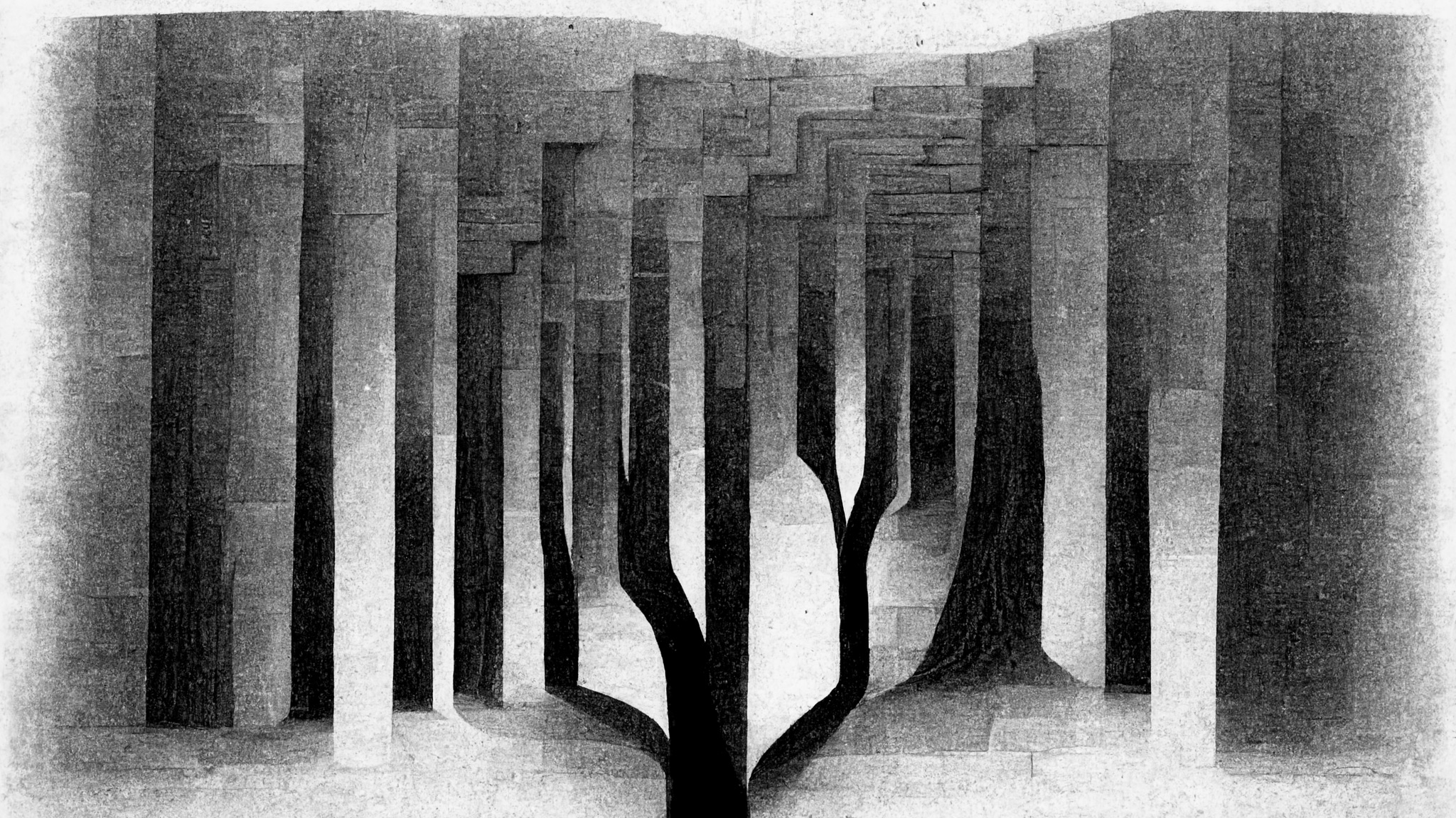 Book cover art, abstract trees made of tall black and white geometric shapes